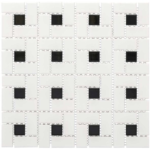 1" x 2" White Matt Pinwheel w. Black Glossy Dot Porcelain Mosaic