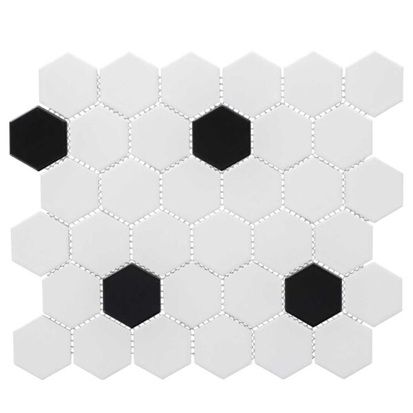 2 Inch White Hexagon w. Black Dot Matt Porcelain Mosaic