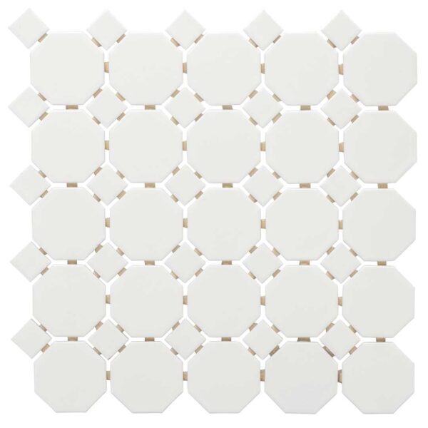 2 Inch White Matt Octagon w. White Matt Dot Porcelain Mosaic