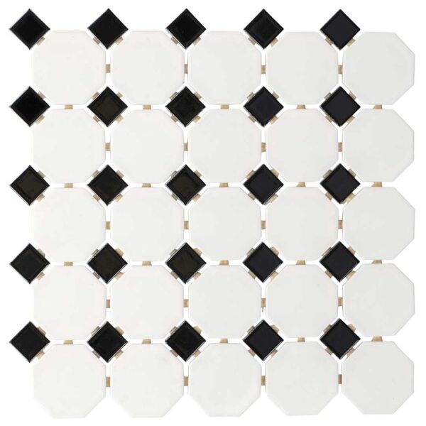 2 Inch White Matt Octagon w. Black Glossy Dot Porcelain Mosaic