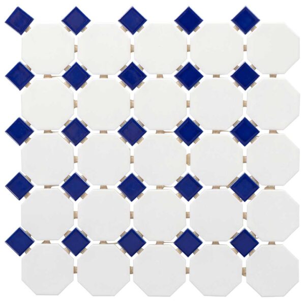 2 Inch White Matt Octagon w. Blue Glossy Dot Porcelain Mosaic