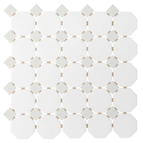 2 Inch White Matt Octagon w. Grey Glossy Dot Porcelain Mosaic