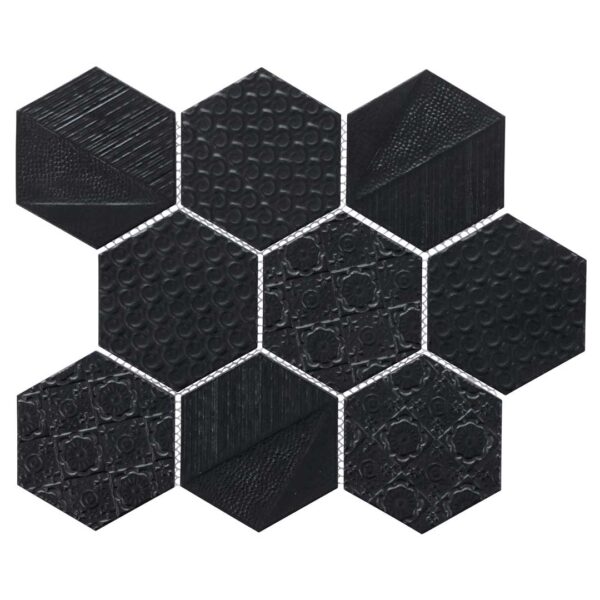 4 Inch Black Hexagon Textured Matt Porcelain Mosaic